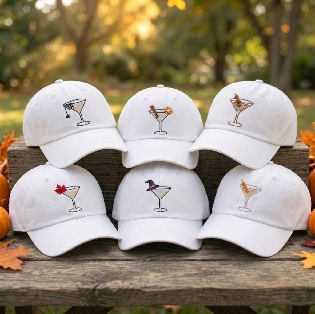 Custom Halloween Cocktail Embroidered Hat, Spooky Martini Dad Hat, Cute Witchy Drink White Baseball Cap, Fall Season Girls Trip Party Gift
