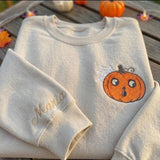 Custom Pumpkin Embroidered Sweatshirt, Spooky Spider Web Sleeve Name Halloween Crewneck