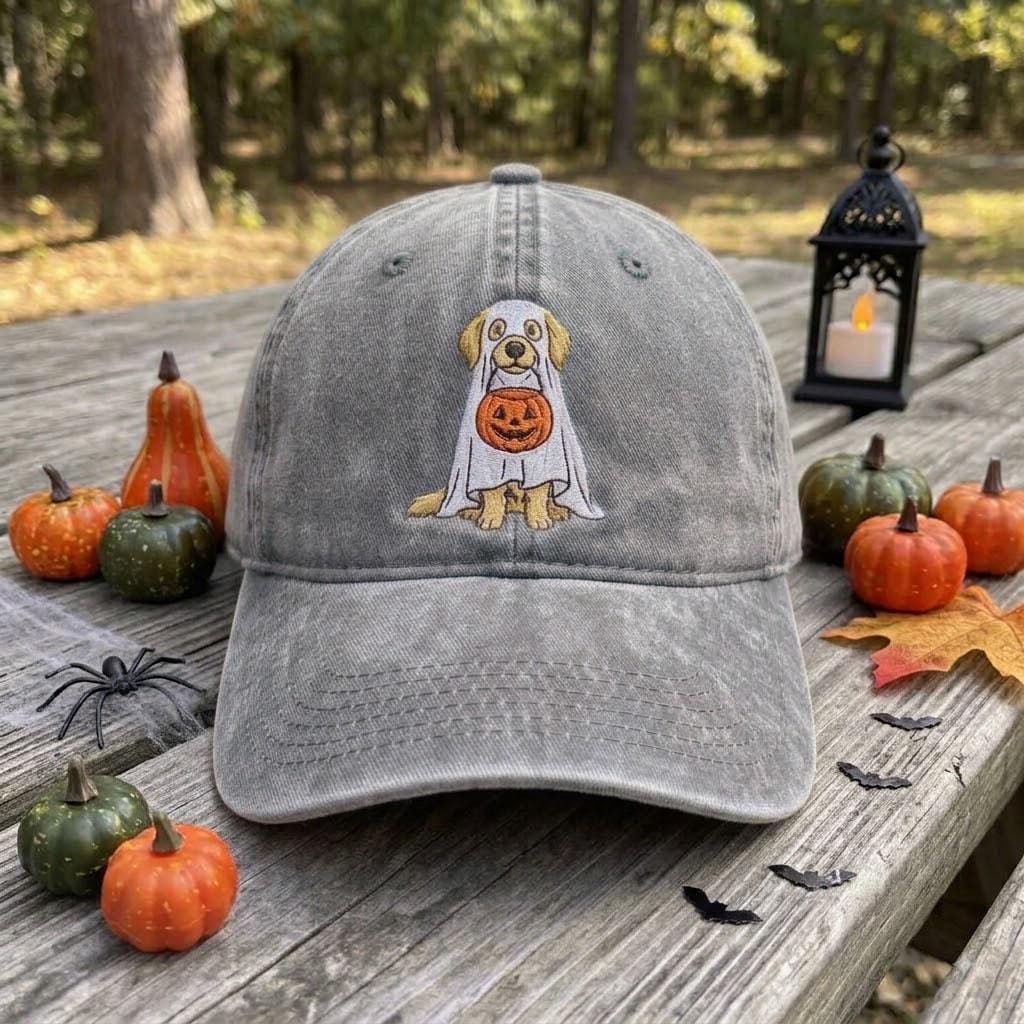 Golden Retriever Ghost Embroidered Hat, Halloween Pumpkin Dog Baseball Cap, Dog Lover Gift