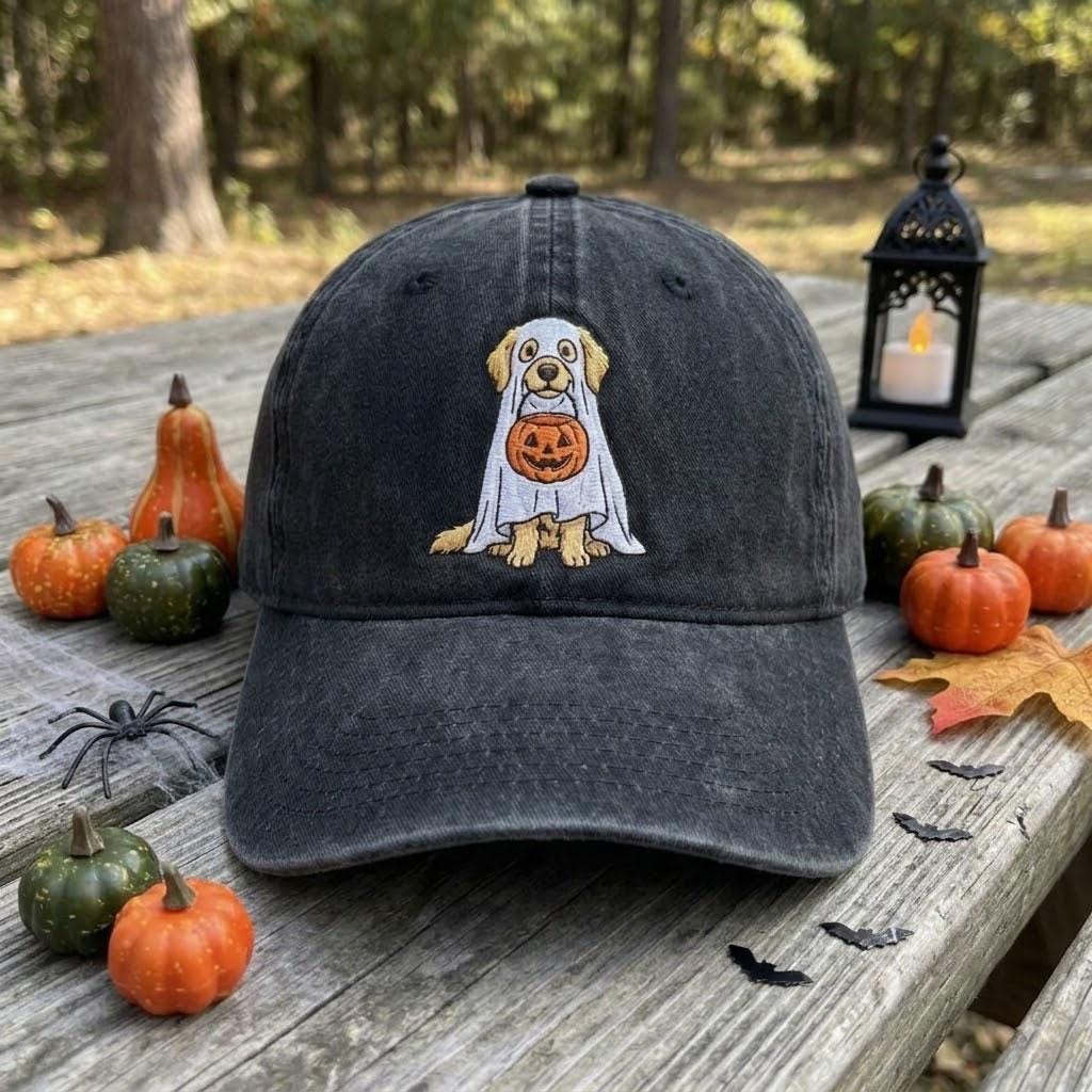 Golden Retriever Ghost Embroidered Hat, Halloween Pumpkin Dog Baseball Cap, Dog Lover Gift