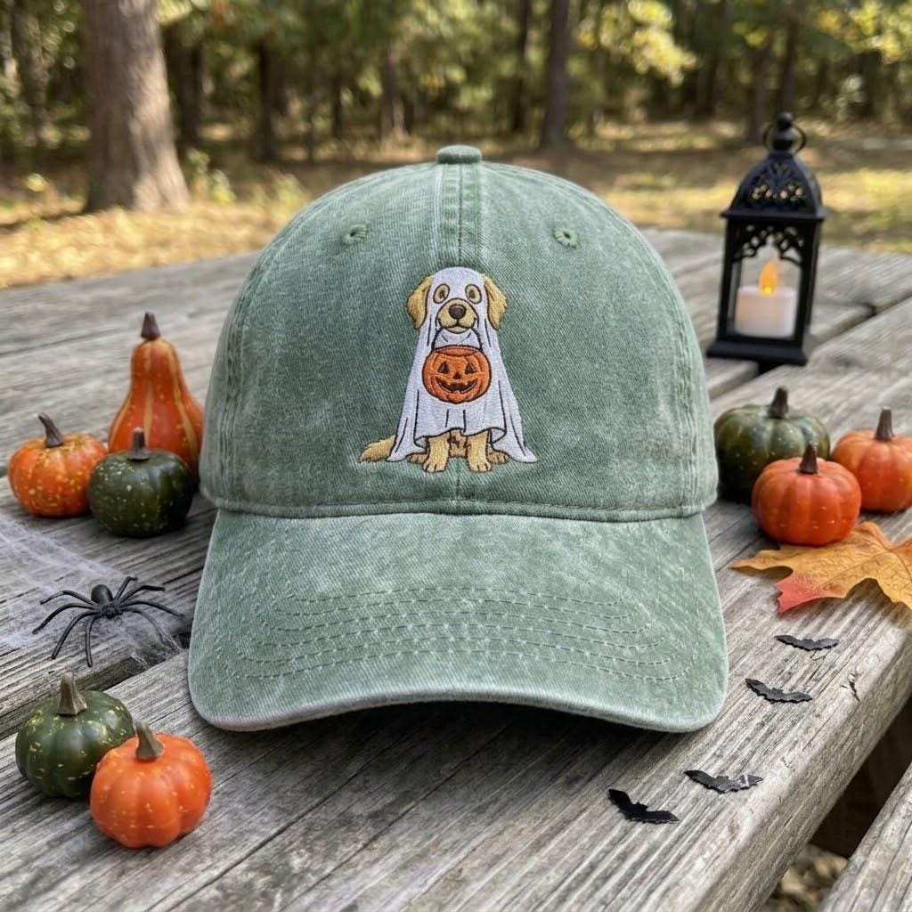 Golden Retriever Ghost Embroidered Hat, Halloween Pumpkin Dog Baseball Cap, Dog Lover Gift