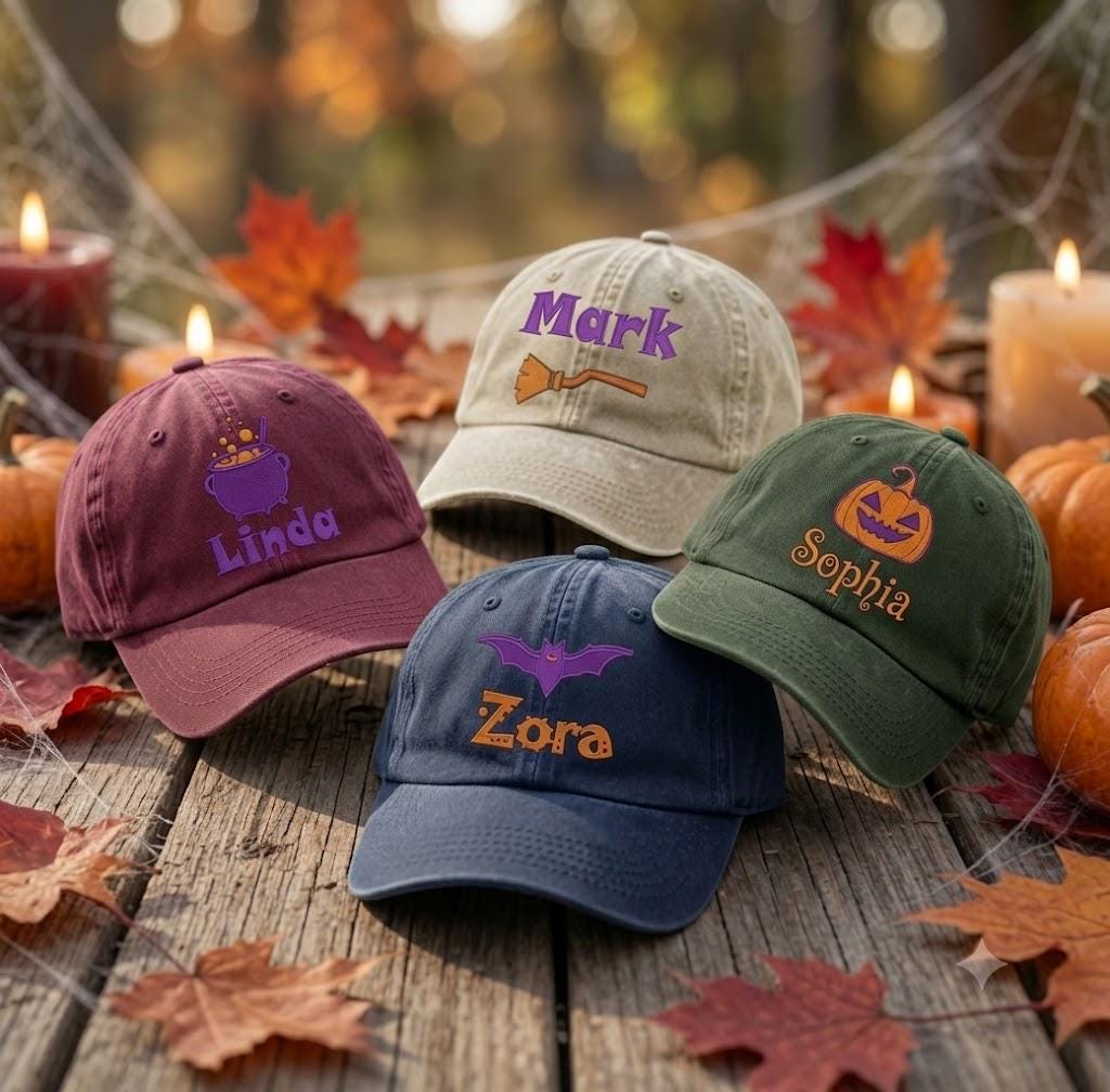 Custom Name Halloween Embroidered Hat, Personalized Pumpkin Witch Cauldron Broom Bat Baseball Cap, Vintage Washed Spooky Season Dad Hat