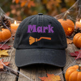 Custom Name Halloween Embroidered Hat, Personalized Pumpkin Witch Cauldron Broom Bat Baseball Cap, Vintage Washed Spooky Season Dad Hat