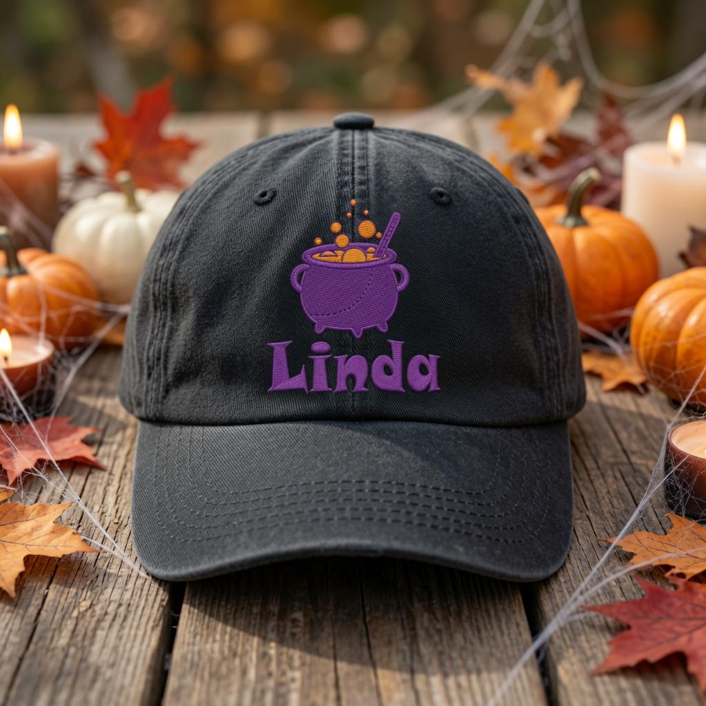 Custom Name Halloween Embroidered Hat, Personalized Pumpkin Witch Cauldron Broom Bat Baseball Cap, Vintage Washed Spooky Season Dad Hat