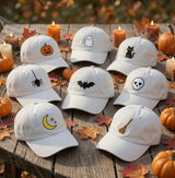 Custom Halloween Embroidered Hat, Cute Ghost Pumpkin Bat Skull Black Cat Baseball Cap, Personalized Spooky Season White Dad Hat Gift