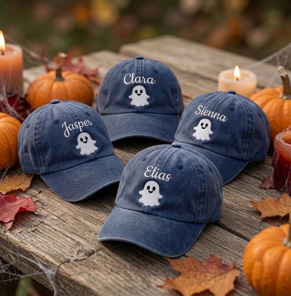 Custom Name Ghost Embroidered Hat, Personalized Cute Halloween Baseball Cap, Spooky Season Vintage Dad Hat, Autumn Fall Gift