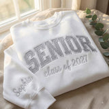 Glitter Senior 2027 Embroidered Sweatshirt, Custom Sleeve Chenille Letter Crewneck