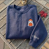 Custom Ghost Pumpkin Sweatshirt, Cute Ghost Beanie Embroidered Sleeve Name Crewneck