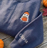 Custom Ghost Pumpkin Sweatshirt, Cute Ghost Beanie Embroidered Sleeve Name Crewneck