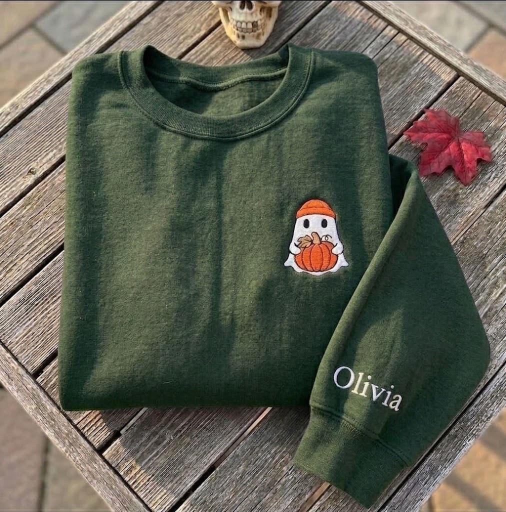 Custom Ghost Pumpkin Sweatshirt, Cute Ghost Beanie Embroidered Sleeve Name Crewneck