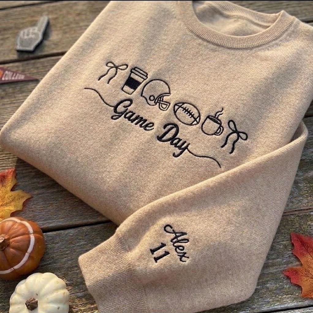 Custom Football Coquette Bow Sweatshirt, Personalized Sleeve Name Game Day Crewneck