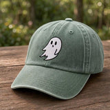 Minimalist Ghost Embroidered Hat, Navy Washed Cotton Halloween Baseball Cap, Autumn Gift