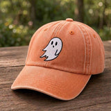 Minimalist Ghost Embroidered Hat, Navy Washed Cotton Halloween Baseball Cap, Autumn Gift
