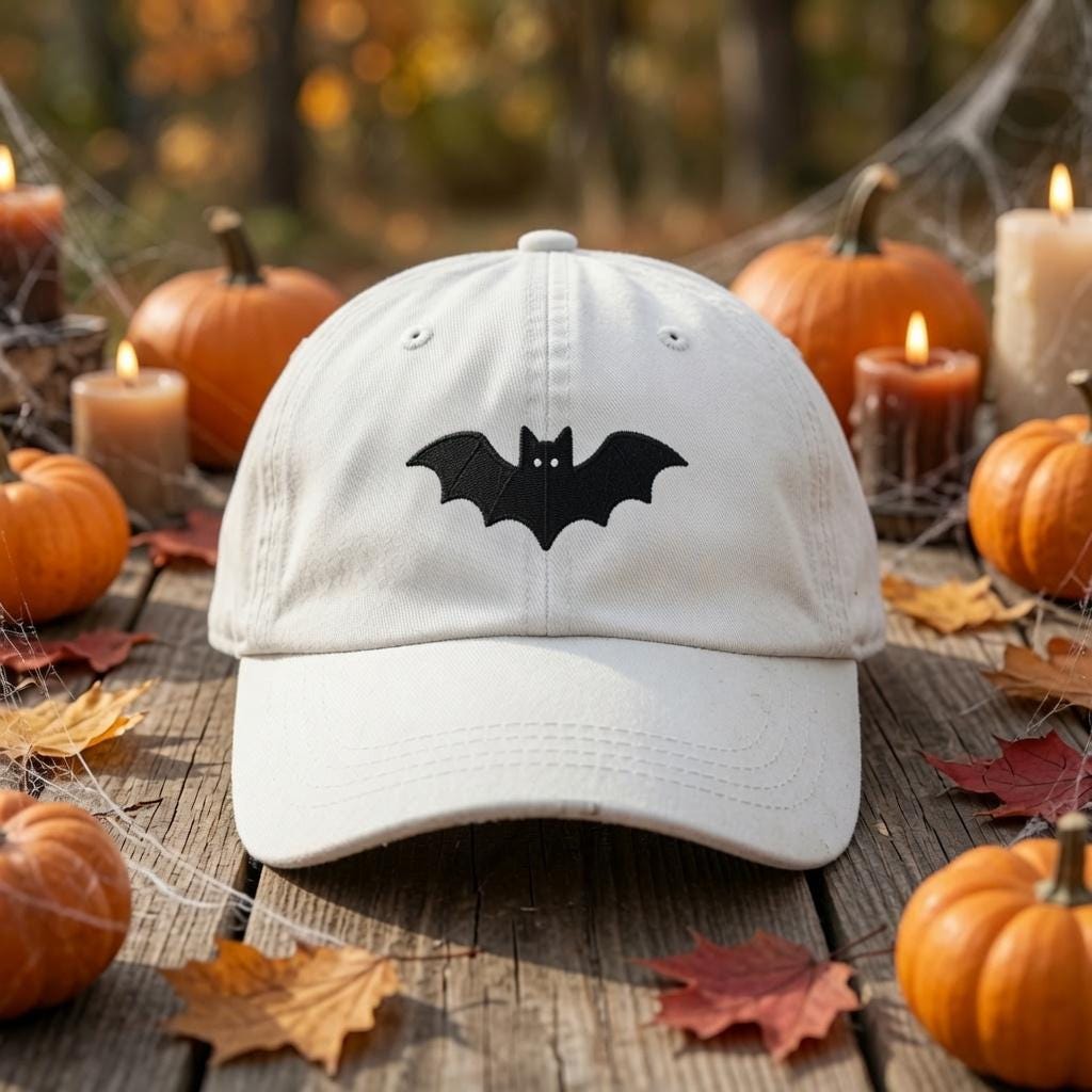 Custom Halloween Embroidered Hat, Cute Ghost Pumpkin Bat Witch Cat Skull White Baseball Cap, Personalized Spooky Season Dad Hat Gift