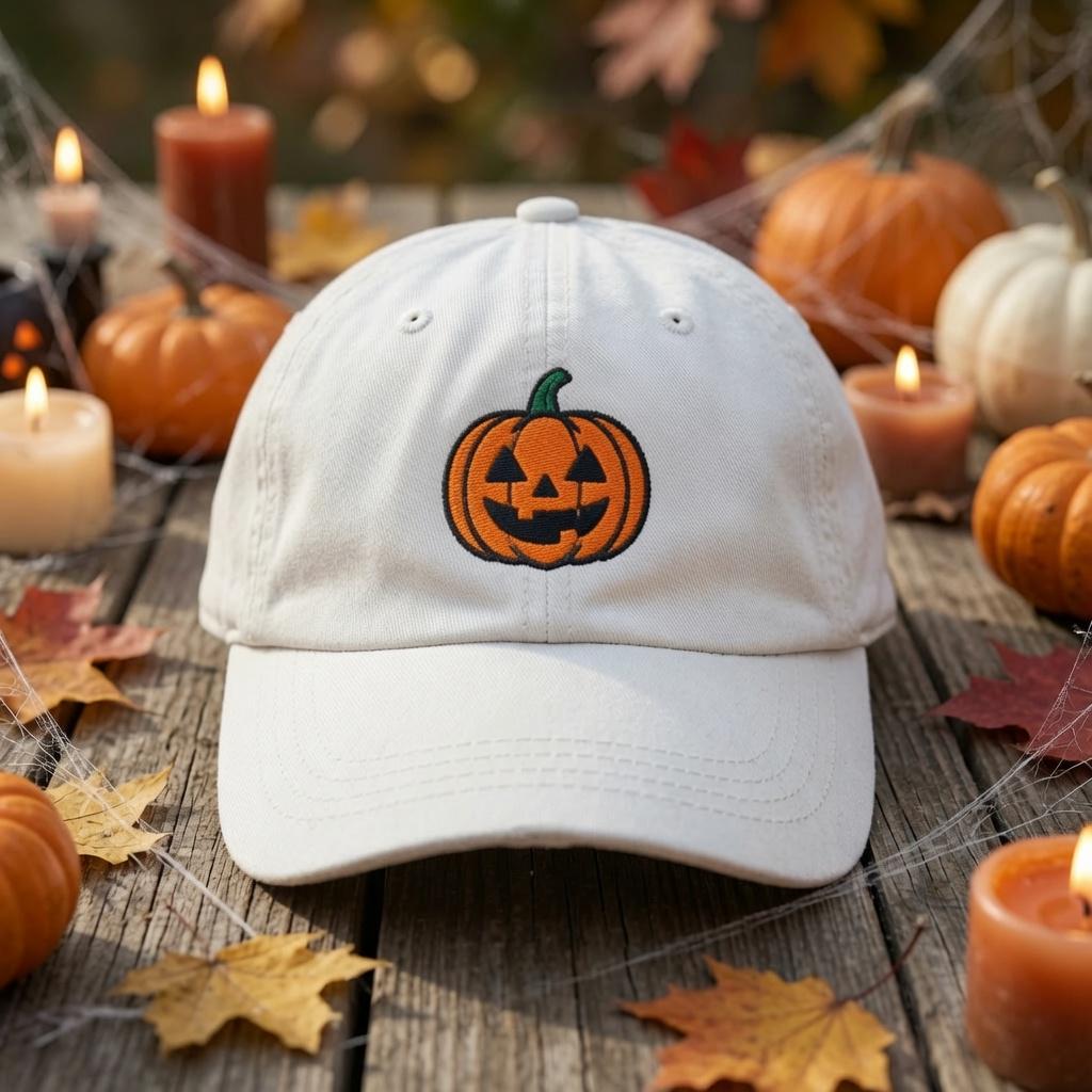 Custom Halloween Embroidered Hat, Cute Ghost Pumpkin Bat Witch Cat Skull White Baseball Cap, Personalized Spooky Season Dad Hat Gift