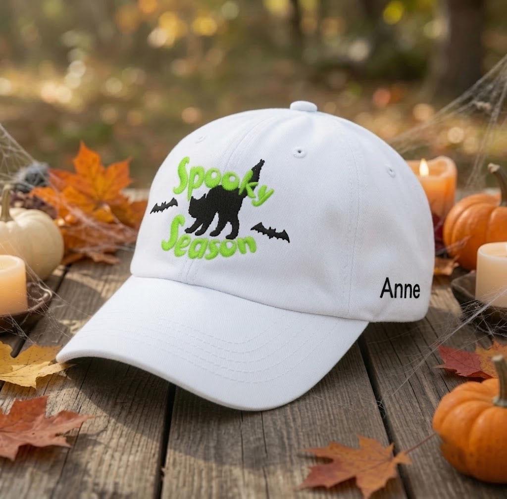 Custom Name Spooky Season Embroidered Hat, Personalized Halloween Black Cat Baseball Cap, Cute White Dad Hat, Custom Halloween Gift