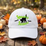 Custom Name Spooky Season Embroidered Hat, Personalized Halloween Black Cat Baseball Cap, Cute White Dad Hat, Custom Halloween Gift