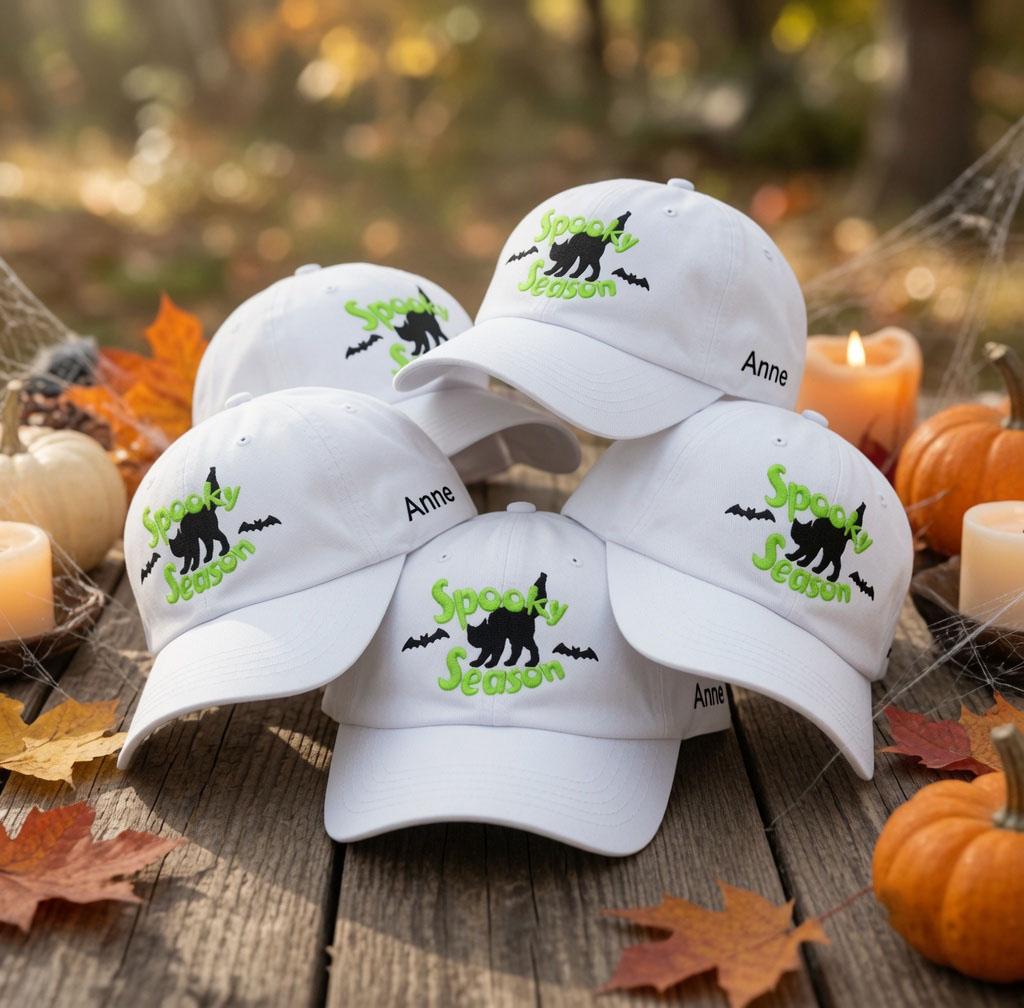 Custom Name Spooky Season Embroidered Hat, Personalized Halloween Black Cat Baseball Cap, Cute White Dad Hat, Custom Halloween Gift