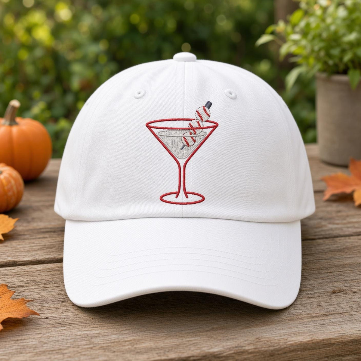 Custom Halloween Martini Embroidered Hat, Spooky Cocktail White Dad Hat, Cute Fall Drink Baseball Cap, Bachelorette Girls Trip Party Gift