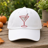 Custom Halloween Martini Embroidered Hat, Spooky Cocktail White Dad Hat, Cute Fall Drink Baseball Cap, Bachelorette Girls Trip Party Gift