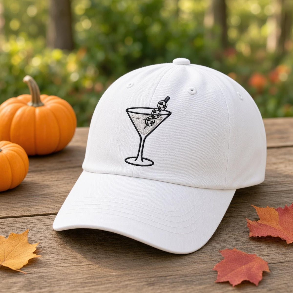Custom Halloween Martini Embroidered Hat, Spooky Cocktail White Dad Hat, Cute Fall Drink Baseball Cap, Bachelorette Girls Trip Party Gift
