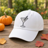Custom Halloween Martini Embroidered Hat, Spooky Cocktail White Dad Hat, Cute Fall Drink Baseball Cap, Bachelorette Girls Trip Party Gift