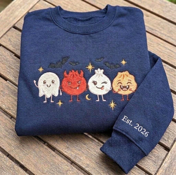 Custom Halloween Dumpling Sweatshirt, Cute Spooky Dim Sum Embroidered Sleeve Crewneck