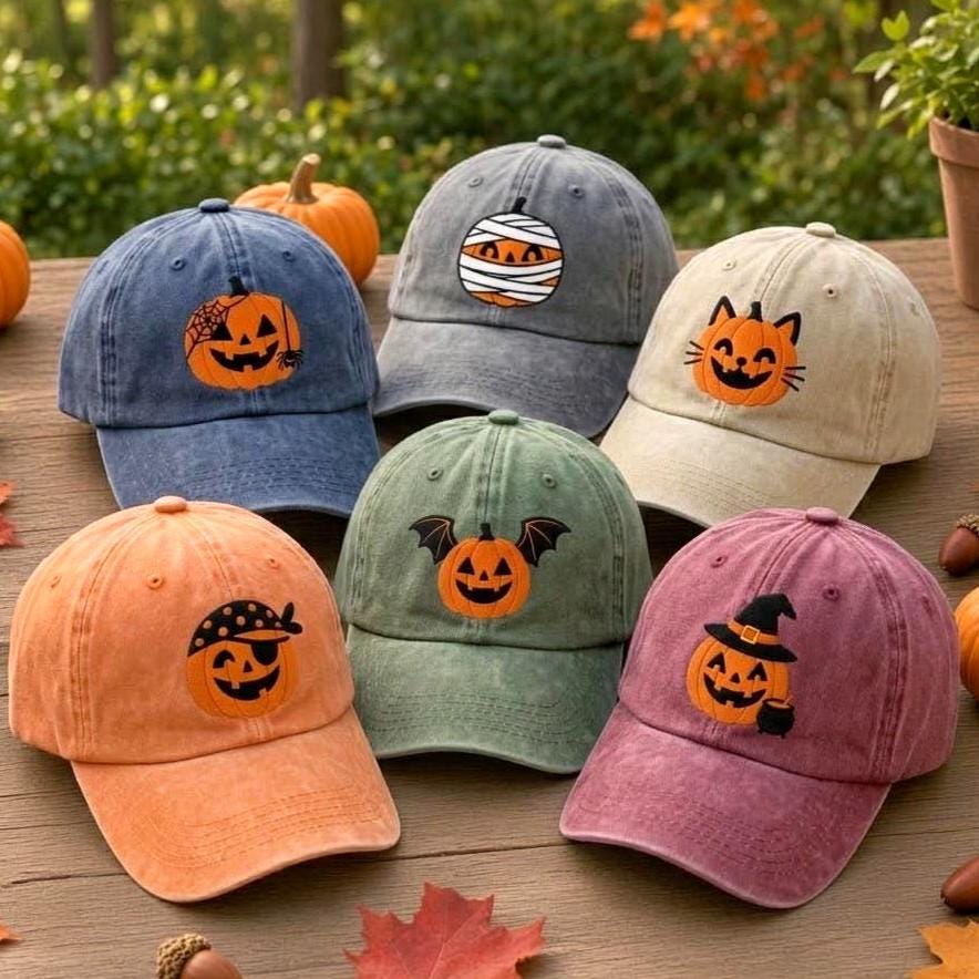 Custom Halloween Pumpkin Embroidered Hat, Witch Cat Mummy Bat Dad Hat, Vintage Washed Baseball Cap, Personalized Spooky Fall Costume Gifts