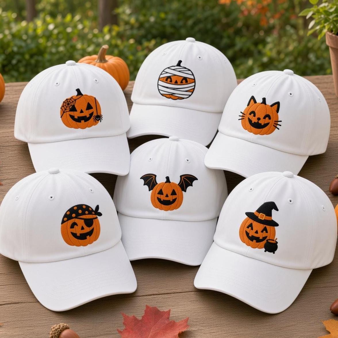 Custom Halloween Pumpkin Embroidered Hat, Witch Cat Mummy Bat Dad Hat, Vintage Washed Baseball Cap, Personalized Spooky Fall Costume Gifts