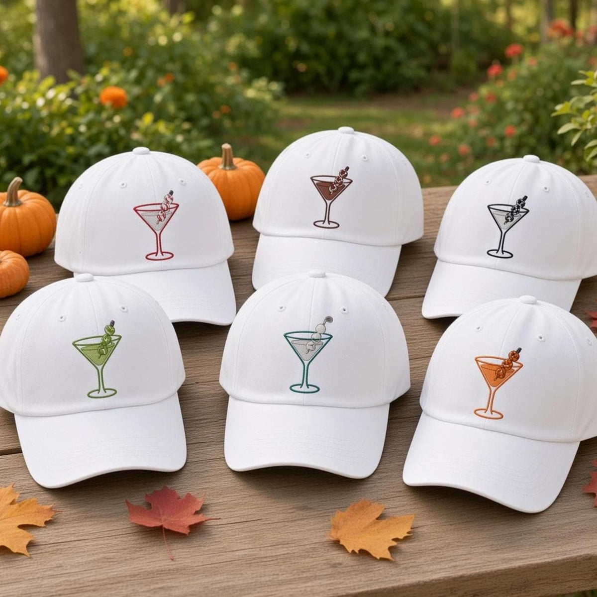 Custom Halloween Martini Embroidered Hat, Spooky Cocktail White Dad Hat, Cute Fall Drink Baseball Cap, Bachelorette Girls Trip Party Gift