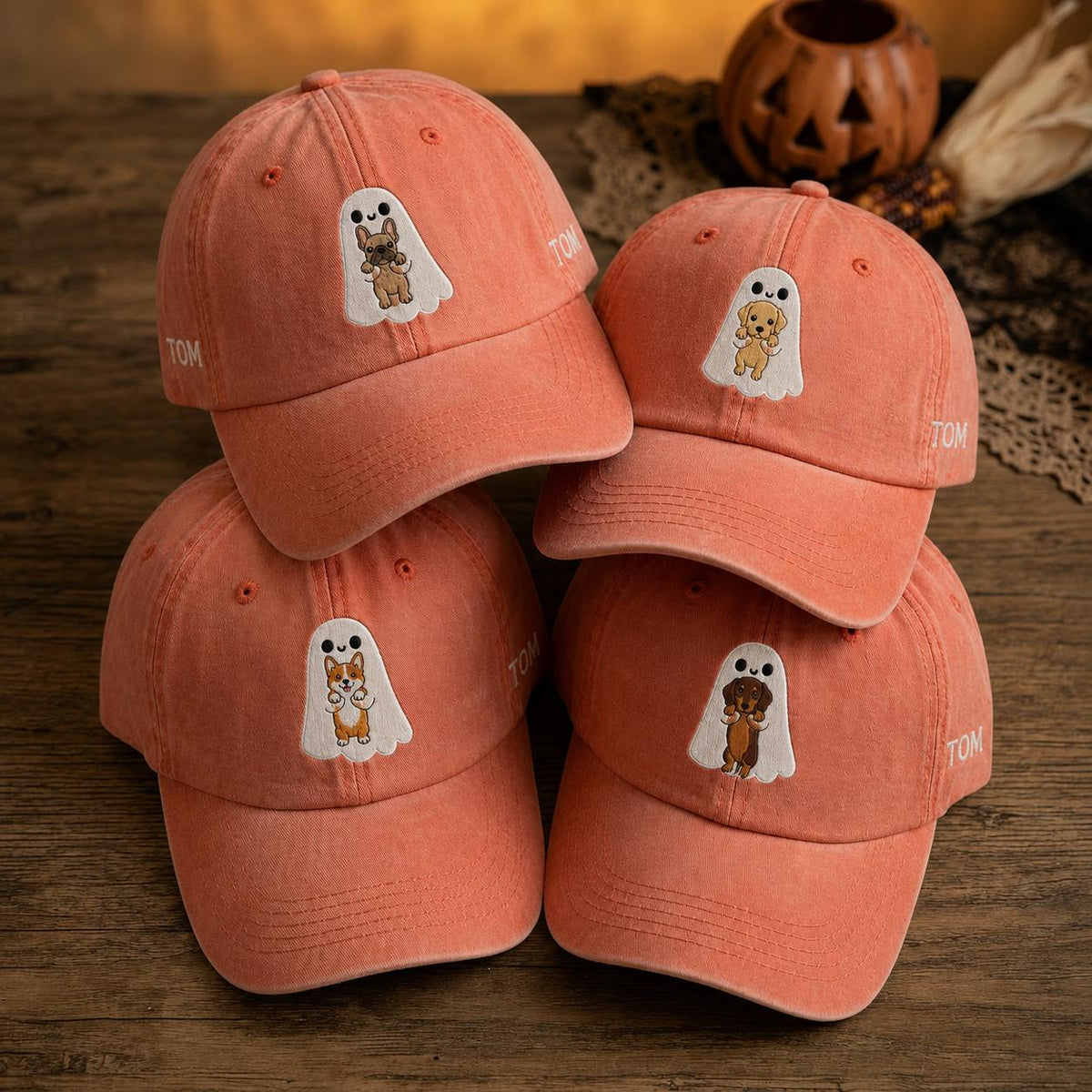 Personalized Ghost Dog Embroidered Hat, Custom Pet Name Halloween Baseball Cap
