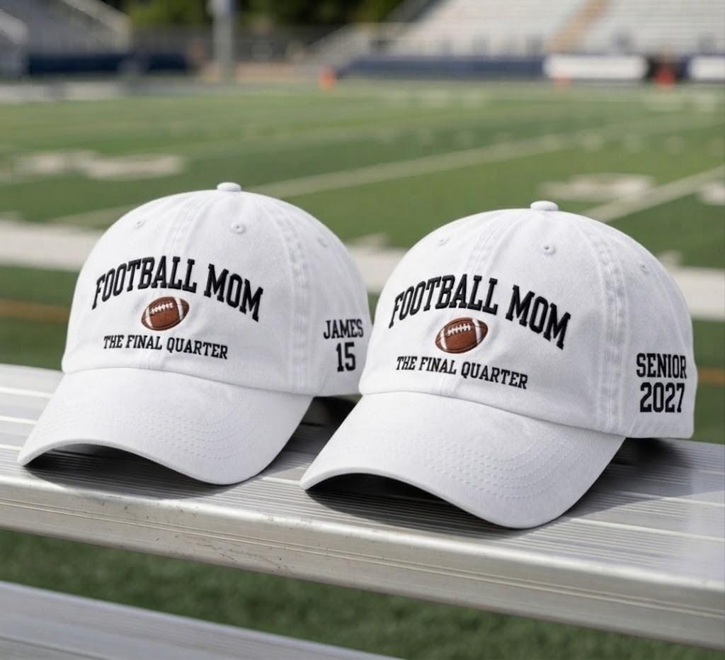 Custom Football Mom Embroidered Cap Set, The Final Quarter Varsity Baseball Hat, Senior Night Sports Dad Cap, Football Season Hat