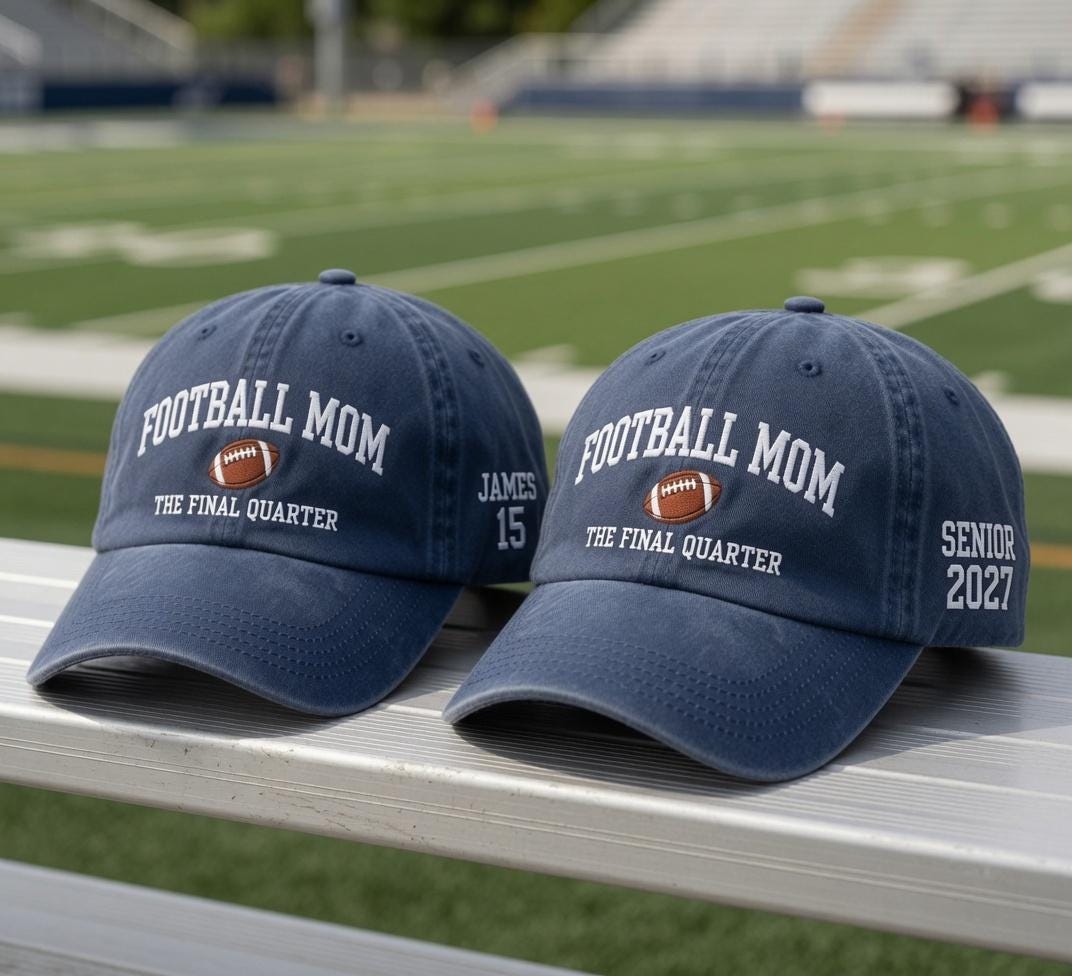Custom Football Mom Embroidered Cap Set, The Final Quarter Varsity Baseball Hat, Senior Night Sports Dad Cap, Football Season Hat
