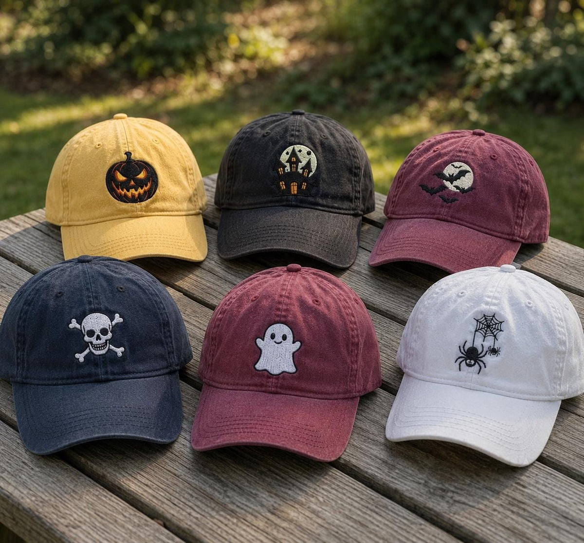 Custom Halloween Multi-Icon Embroidered Hat - Ghost, Pumpkin & Bat Spooky Cap