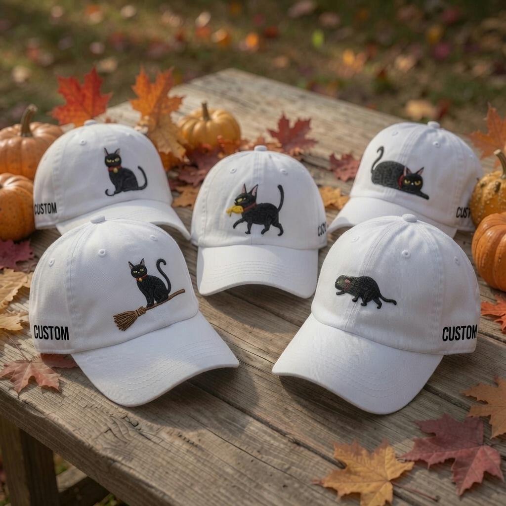 Custom Black Cat Embroidered Hat, Personalized Halloween Kitten Baseball Cap, Cat Lover Gift