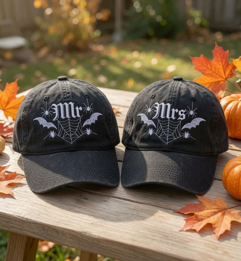 Custom Mr. & Mrs. Halloween Embroidered Hat - Gothic Spider Web Couple Cap