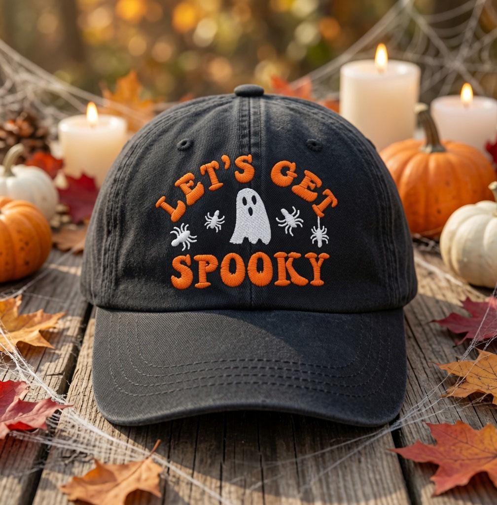Custom Name Let's Get Spooky Embroidered Hat, Personalized Ghost Spider Halloween Baseball Cap, Vintage Washed Black Spooky Dad Hat
