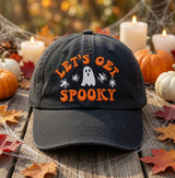 Custom Name Let's Get Spooky Embroidered Hat, Personalized Ghost Spider Halloween Baseball Cap, Vintage Washed Black Spooky Dad Hat