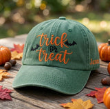 Custom Name Trick Or Treat Embroidered Hat, Personalized Halloween Bats Baseball Cap, Vintage Washed Green Spooky Dad Hat Gift