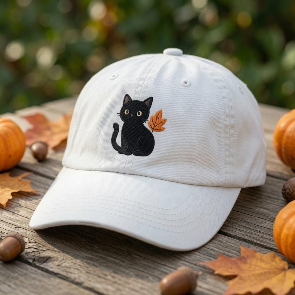 Custom Halloween Black Cat Embroidered Hat, Cute Pumpkin Witch Cat White Baseball Cap, Personalized Spooky Season Dad Hat Gift
