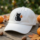 Custom Halloween Black Cat Embroidered Hat, Cute Pumpkin Witch Cat White Baseball Cap, Personalized Spooky Season Dad Hat Gift