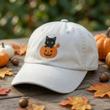 Custom Halloween Black Cat Embroidered Hat, Cute Pumpkin Witch Cat White Baseball Cap, Personalized Spooky Season Dad Hat Gift