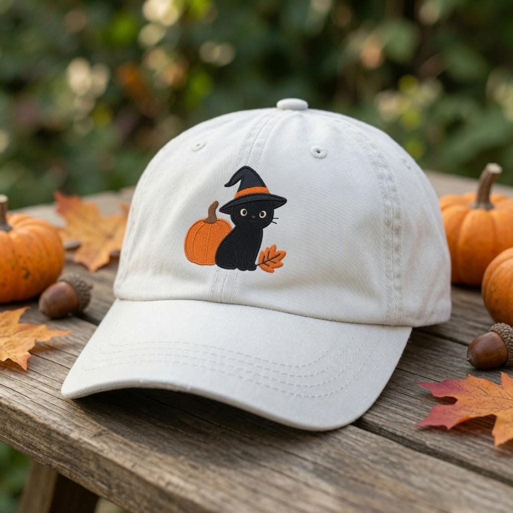 Custom Halloween Black Cat Embroidered Hat, Cute Pumpkin Witch Cat White Baseball Cap, Personalized Spooky Season Dad Hat Gift