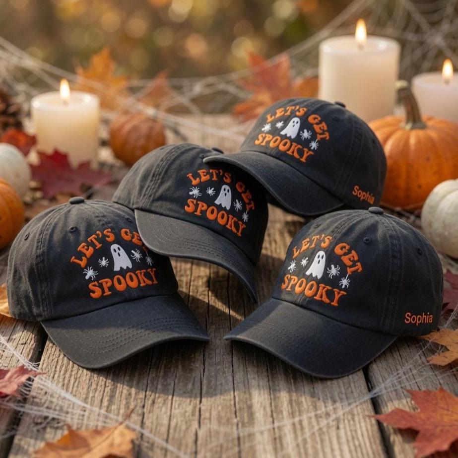 Custom Name Let's Get Spooky Embroidered Hat, Personalized Ghost Spider Halloween Baseball Cap, Vintage Washed Black Spooky Dad Hat