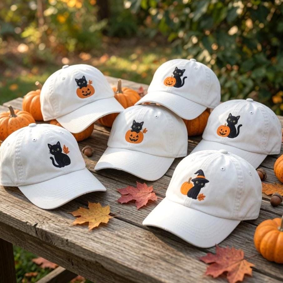Custom Halloween Black Cat Embroidered Hat, Cute Pumpkin Witch Cat White Baseball Cap, Personalized Spooky Season Dad Hat Gift