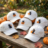 Custom Halloween Black Cat Embroidered Hat, Cute Pumpkin Witch Cat White Baseball Cap, Personalized Spooky Season Dad Hat Gift