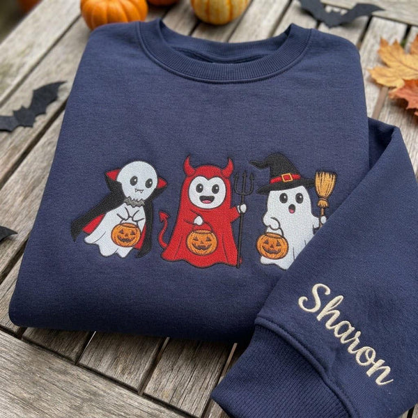 Custom Trick Or Treat Ghost Sweatshirt, Cute Halloween Embroidered Sleeve Name Crewneck
