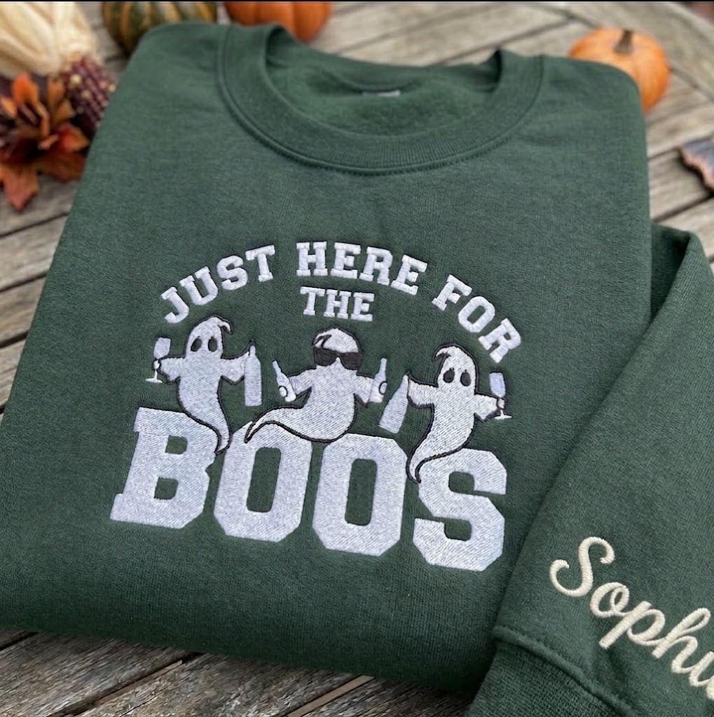 Custom Just Here For The Boos Sweatshirt, Funny Drinking Ghost Sleeve Name Crewneck