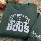 Custom Just Here For The Boos Sweatshirt, Funny Drinking Ghost Sleeve Name Crewneck