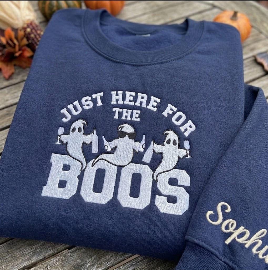Custom Just Here For The Boos Sweatshirt, Funny Drinking Ghost Sleeve Name Crewneck